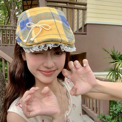 Y2K Cute Bow Lace Berets Cap for Women Spring Summer Sweet and Cool Versatile Dopamine Contrasting Color Plaid Forward Hats