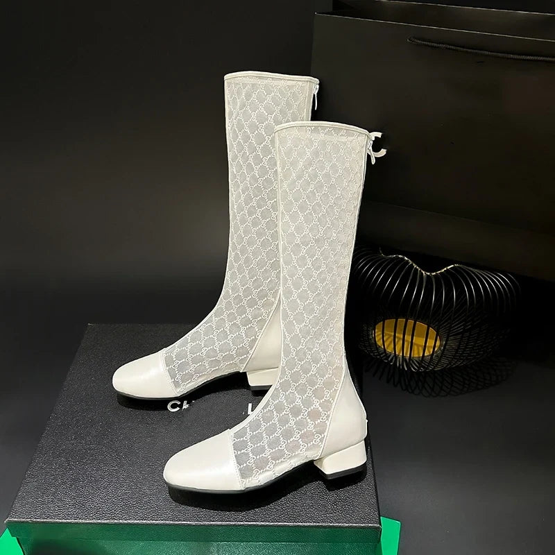 Knee High Mesh Hollow Out Lace Women Boots Round Toe Low Heels Solid Color New Fashion Elegant Concise Sweet Sexy Female Shoes
