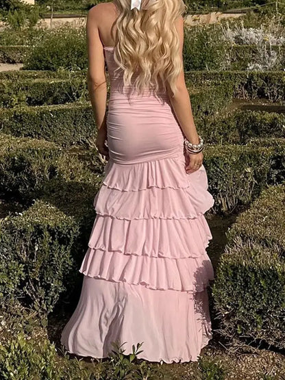 2024 Fashion Layered Ruffles Hem Beaded Long Dress Elegant Sexy Backless Slim Split Dresses Summer Lady Evening Party Vestidos