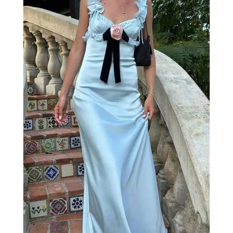 Boho Inspired maxi dress blue Ruffled chiffon straps velvet bow sexy party dresses new blackess summer dress elegant female
