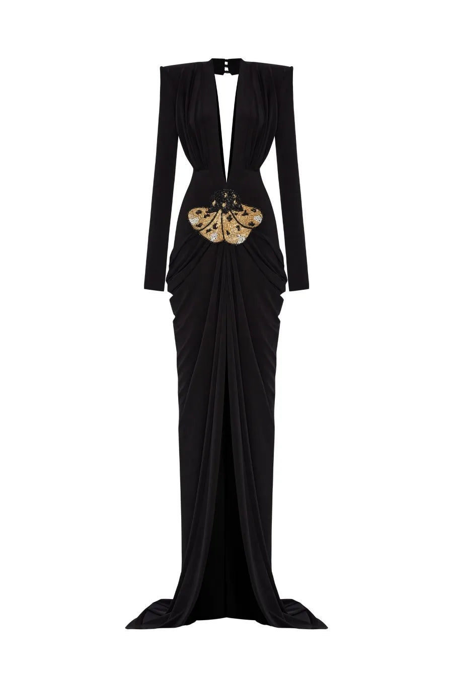 Deep V-Neck Padded Shoulder Butterfly Applique Draped Maxi Gown