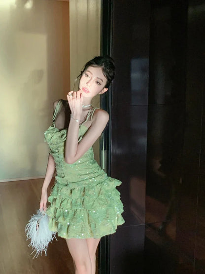 Ruched Ruffles sequin Backless Bodycon Corset Dress For Women Party Summer Elegant Mini Designer Dress Clothing