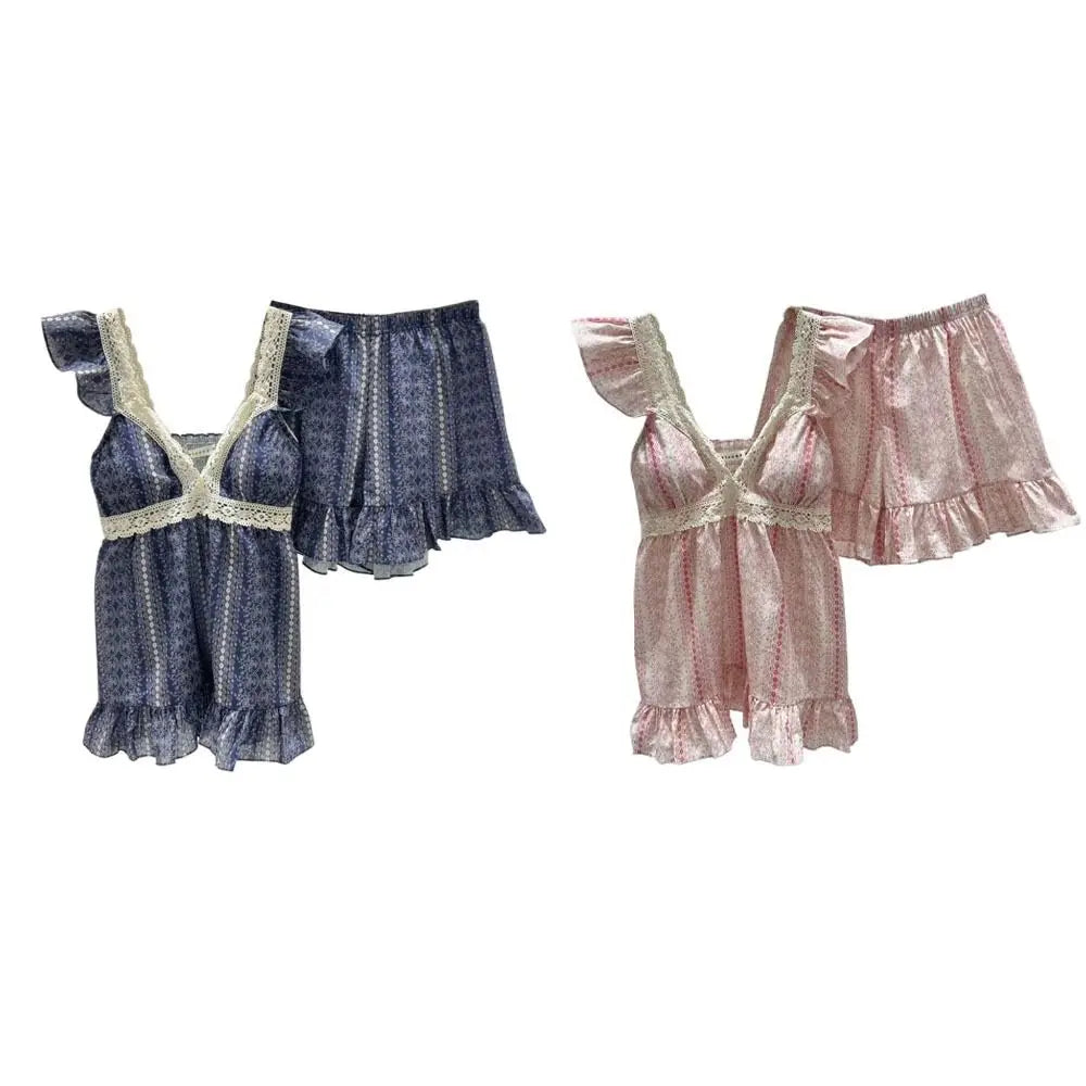 Striped Suspender Shorts Pajamas Ruffle Sleeveless Floral Pajamas Suit Loose with Chest Pad Women's Sleepwear Sets Sleeping