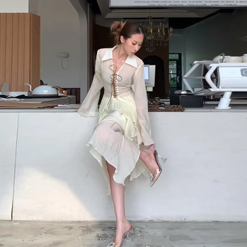 Lace Up V-Neck Shirt Ruffle Skirt Women Set Strings Lapel Sexy Waist Cinched Slimming Blouse Top Irregular Long Skirts Suit New