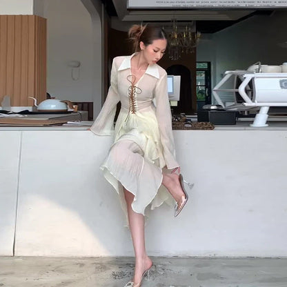 Lace Up V-Neck Shirt Ruffle Skirt Women Set Strings Lapel Sexy Waist Cinched Slimming Blouse Top Irregular Long Skirts Suit New