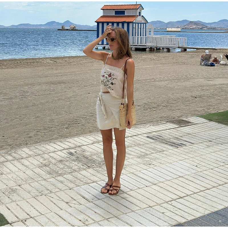 Bead Flower Embroidery Tank Top Shorts Suits 2 Pieces Women Backless Strap Sleeveless Vest Wide Leg Shorts Suits Patchwork Sexy