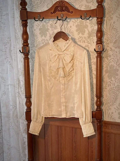 Lolita Detective Academy Retro Bow Tie Long Sleeve Shirts Autumn Victorian Elegant Ruched Solid All Match Women Blouse