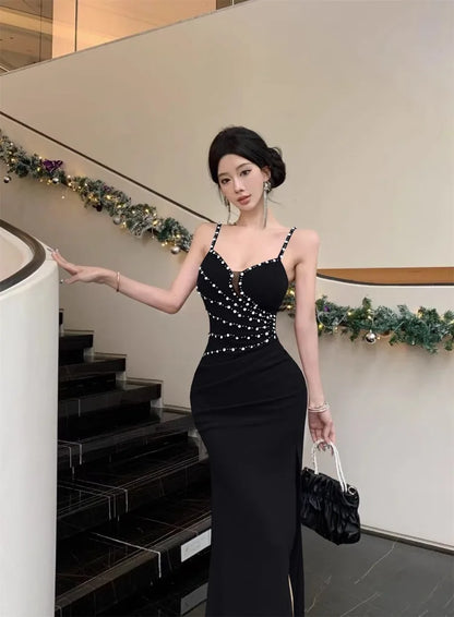 Dresses Women Sleeveless Sexy Split Slim Slash Neck Backless Rhinestone Elegant Temperament Party Dress Female Fashion