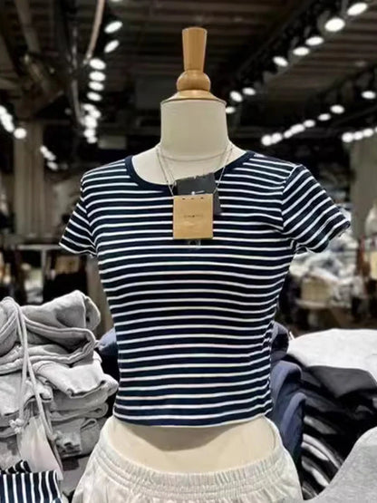 Vintage Striped Slim T-Shirt Women Round Neck Short Sleeve Cotton Tshirt Tops Femme Casual Streetwear Y2k Crop Top Summer Tees