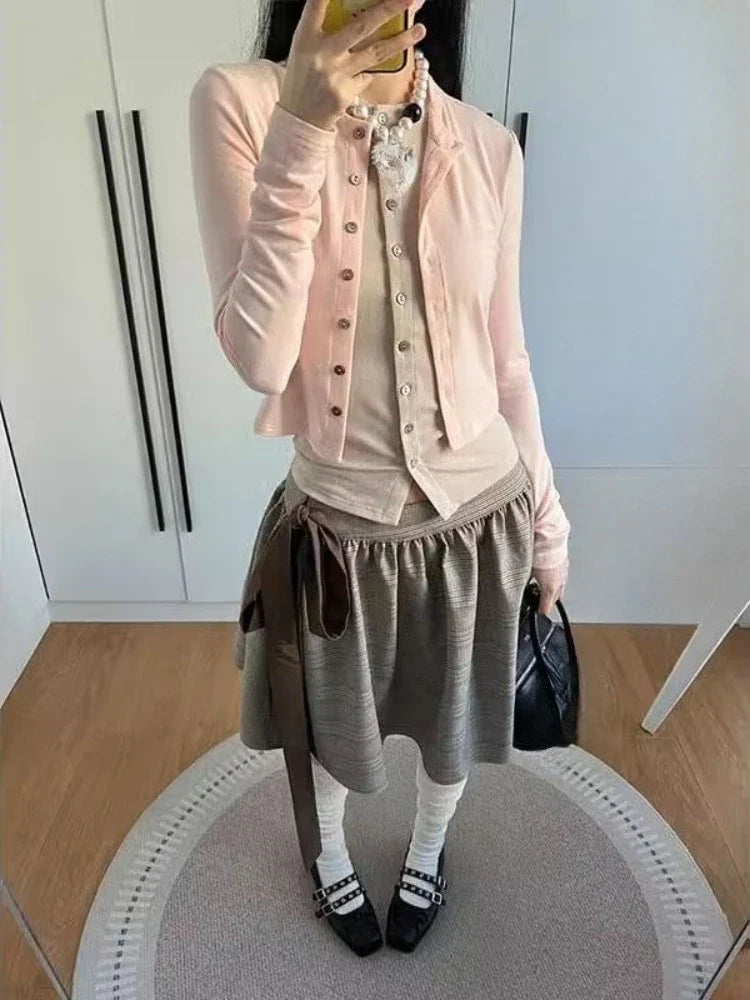 Fake Two Pieces Y2k Aesthetic Casual Cardigan Streetwear Vintage Single Breasted Grunge Tops Spring Harajuku Slim Fit Clothing
