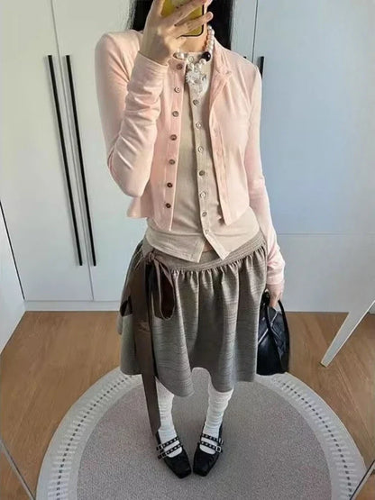 Fake Two Pieces Y2k Aesthetic Casual Cardigan Streetwear Vintage Single Breasted Grunge Tops Spring Harajuku Slim Fit Clothing