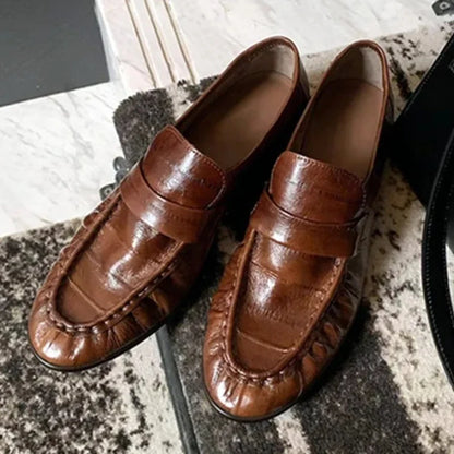 Retro Brown Soft Leather Brand Flats Women Fashion Pleated Design Loafers Comfort Outdoor Commuting Office Shoe Zapatos De Mujer