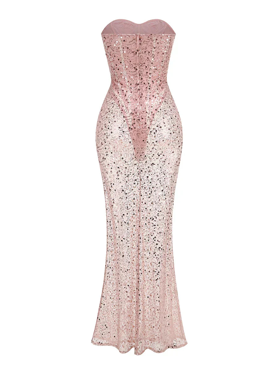 Strapless Sequin Beaded Corset Column Gown with Bubble Satin Wrap