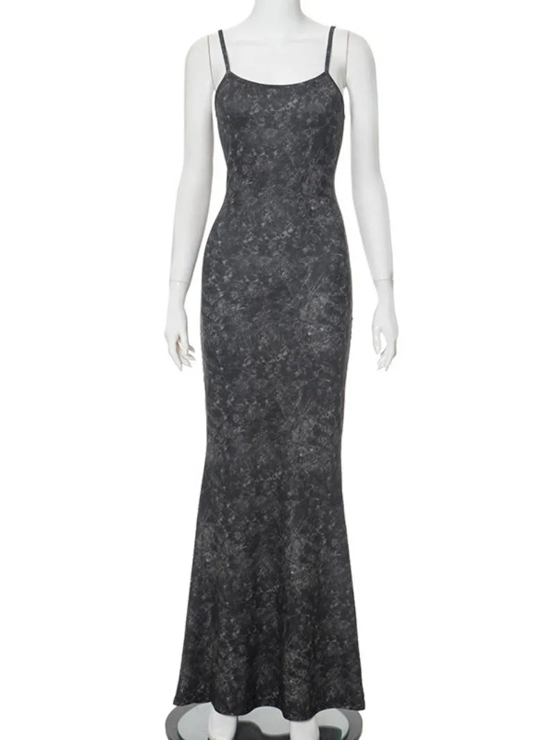 Black Print Sleeveless Long Dress 2024 Woman Clothes Elegant Spaghetti Strap Backless High Waist Bodycon Holiday Party Dresses