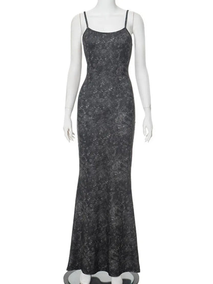 Black Print Sleeveless Long Dress 2024 Woman Clothes Elegant Spaghetti Strap Backless High Waist Bodycon Holiday Party Dresses