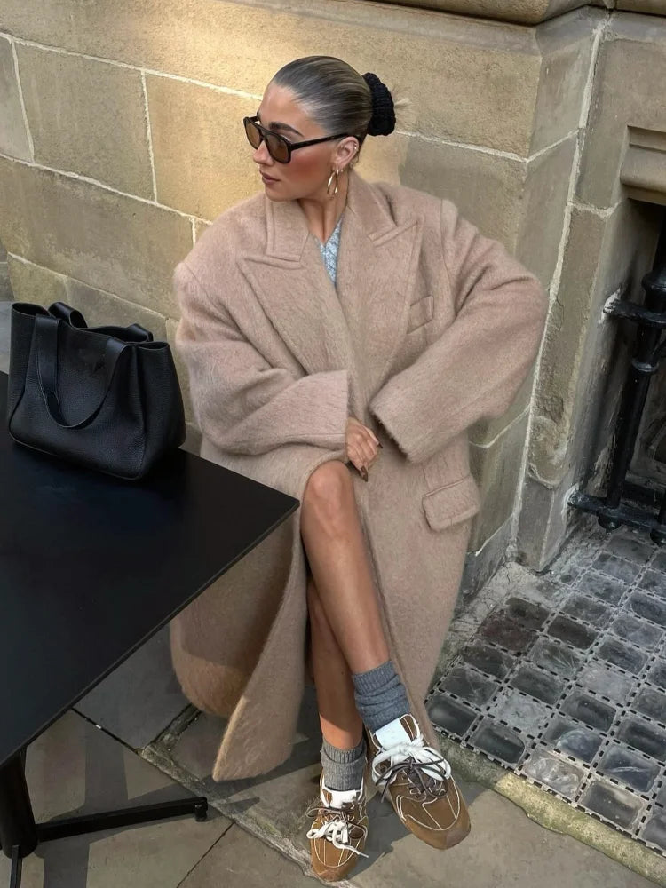 Classic Fashion Solid Oversized Cashmere Overcoats Women's Elegant Lapel Pockets Long Sleeve Jackets Chic Female Streetwear