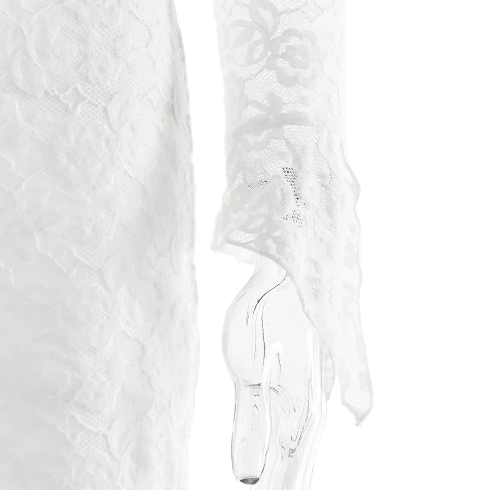 V Neck Lace Long Dress Solid Women See Through High Waist Patchwork Slim Dress Elegant Female Date Party Evening Dress
