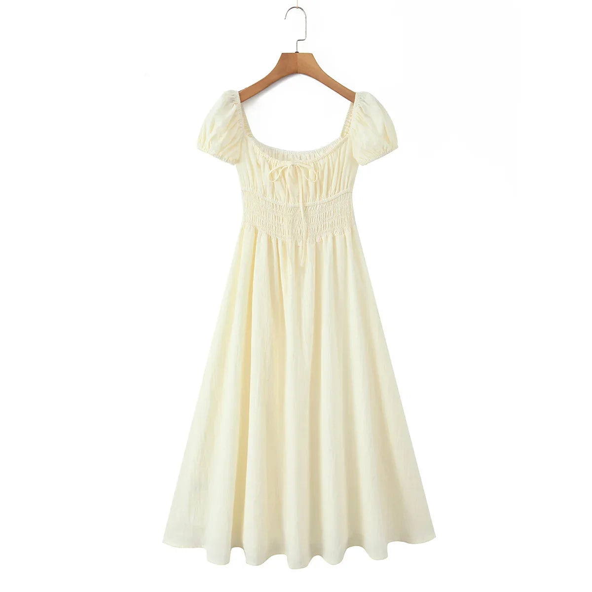Vacation Style Casual Summer Dresses 2026 Women Square Neck Short Sleeve A-line Midi Dress Solid Robe