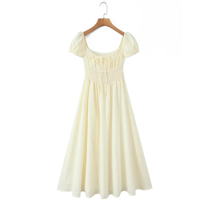 Vacation Style Casual Summer Dresses 2026 Women Square Neck Short Sleeve A-line Midi Dress Solid Robe