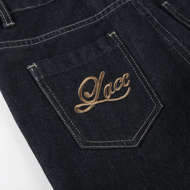 Basic Low Rise Straight Jeans Streetwear y2k Letter Embroidery Baggy Denim Pants Women's Trouser Vintage 2000s Mom Jeans