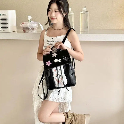 Soft Leather Star Y2K Academy Style Spicy Girl Backpack Fashion Causal PU Black Backpacks