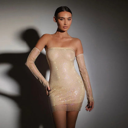 Strapless Rhinestone Mesh Tube Bodycon Mini Dress