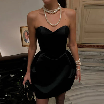 Red Strapless Puff Pleated Hem Women Dress Sexy Off Shoulder Slim Backless Sleeveless Dresses Female Evening Party Club Gown