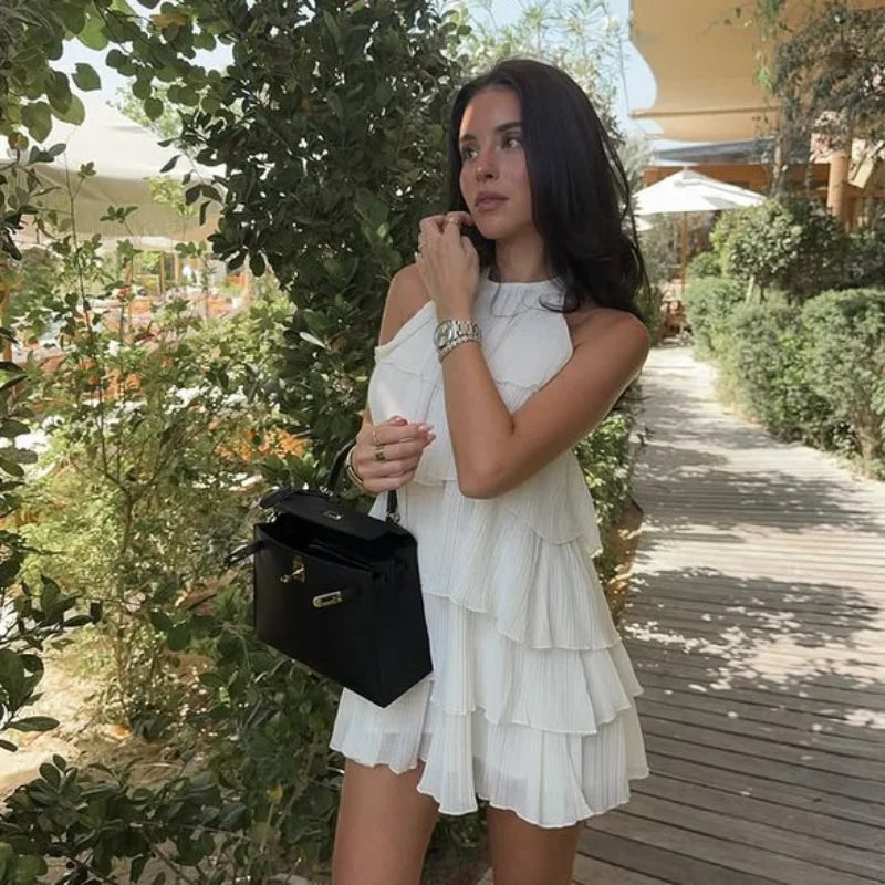 Sexy Halter Cascading Ruffles Mini Dress Women Solid Sleeveless Backless Slim Cake Dresses 2025 Summer Lady Party Beach Robes
