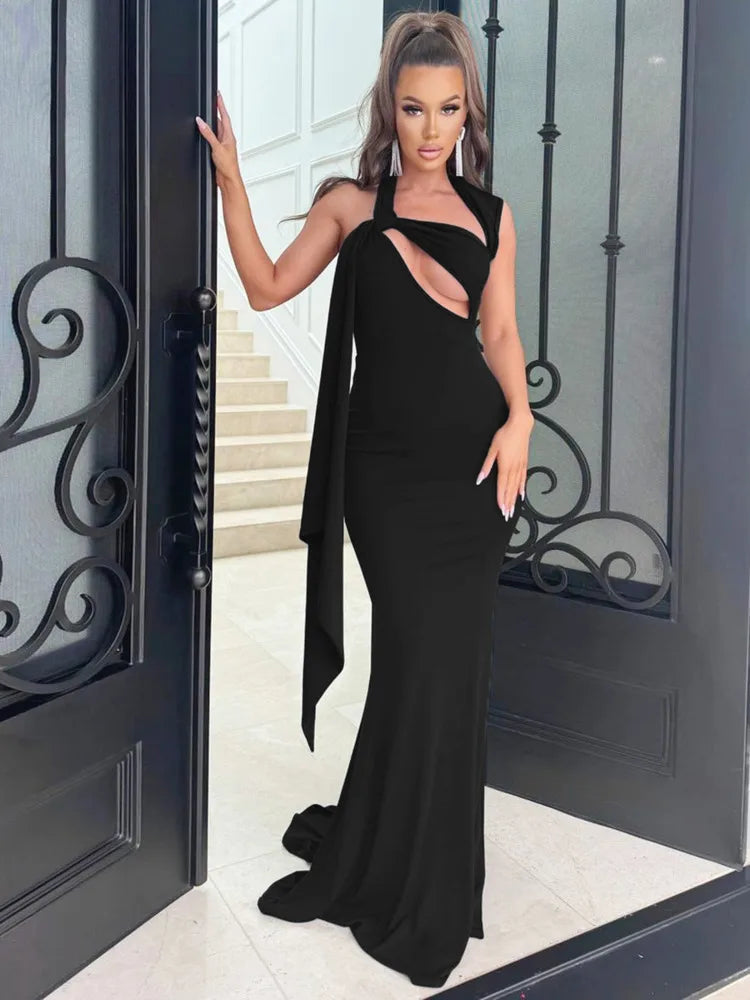 One Shoulder Halter Diagonal Chest Cutout Sash Drape Mermaid Maxi Gown
