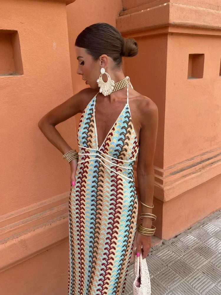 Halter Deep V Crochet Wave Pattern Column Maxi Dress