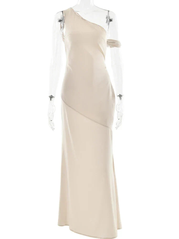 One Shoulder Side Cutout Tie Strap Satin Draped Backless Maxi Gown