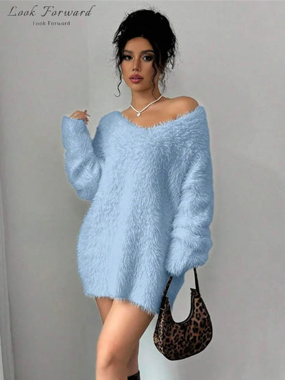 Plush V-neck Knitted Mini Dress Woman Loose Autumn Winter Women's Sweater Soft Above Knee Long Sleeve Solid Casual Dresses Warm