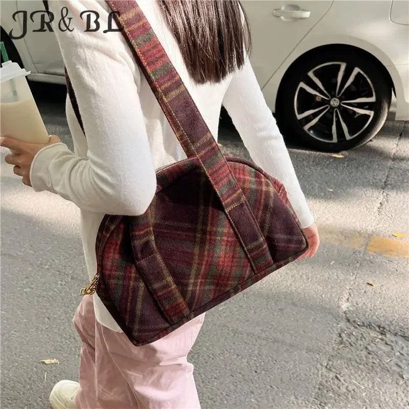 New Vintage Woolen Plaid Tote Bags Casual Handbag Korean All-match Design Fashion Women Shoulder Bag