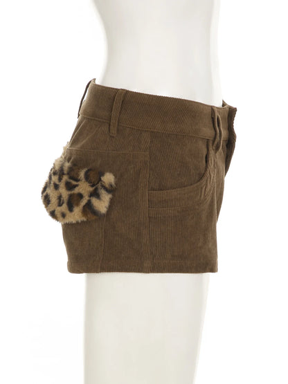 Casual Patchwork Fur Leopard Corduroy Shorts Basic Low-Waisted Shorts Women Autumn Winter Fashion Streetwear Lady