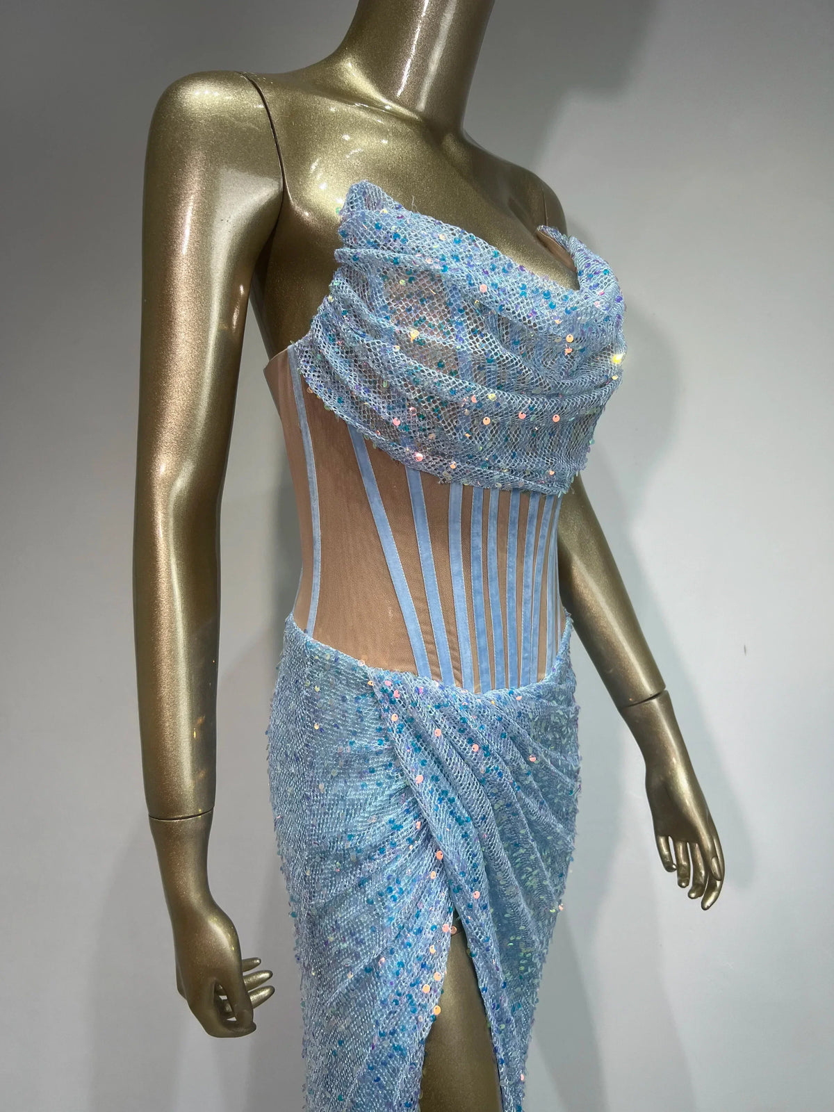 Cowl Neck Corset Bodice Sequin High Slit Maxi Gown