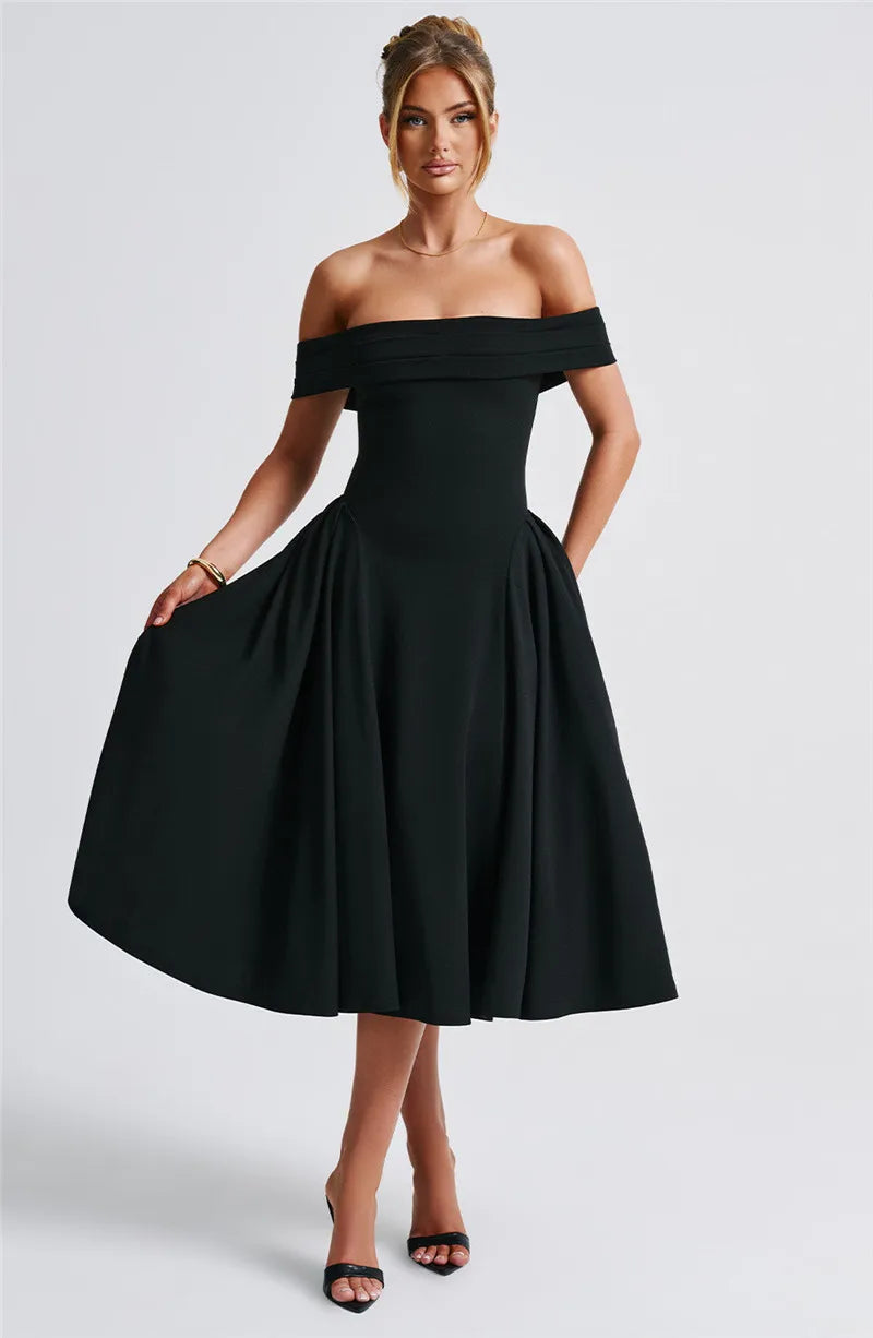 Off-Shoulder Folded Band Box Pleat Flare Midi Dress