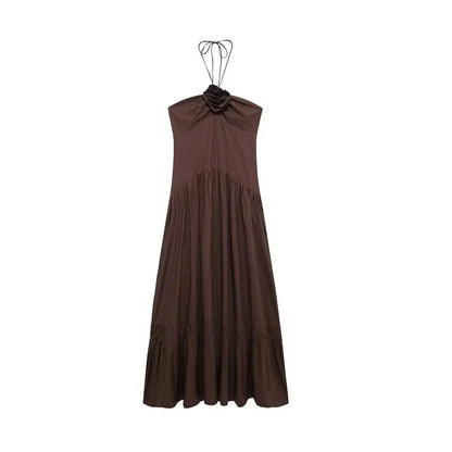 Elegant 3D Flower Halter Long Dress Women Pleated Backless Patchwork Sleeveless Off Shoulder Party Dresses New Holiday Robe