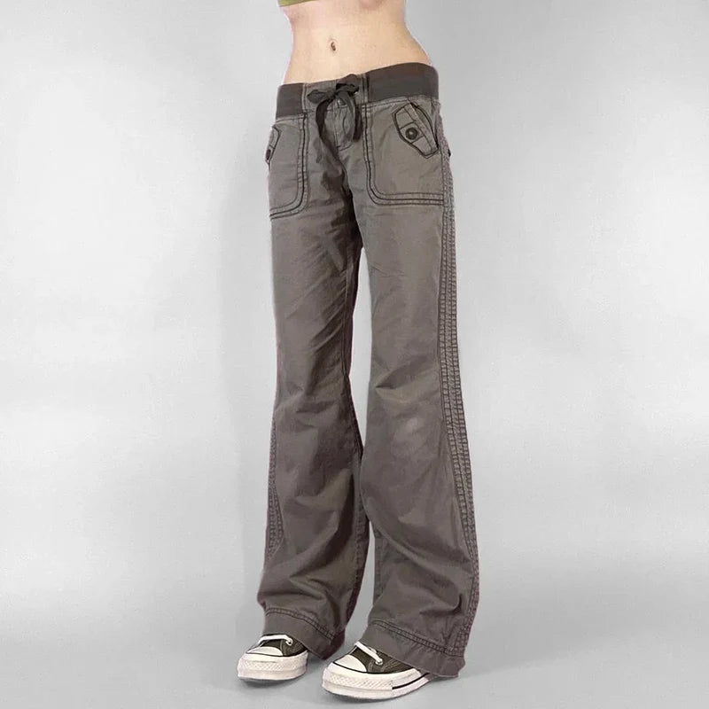Vintage Low Drawstring Waist Jeans Women Contrast Patchwork Multi Pocket Denim Trousers Boot Cut Pants Y2K Aesthetic