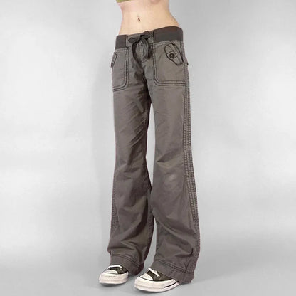 Vintage Low Drawstring Waist Jeans Women Contrast Patchwork Multi Pocket Denim Trousers Boot Cut Pants Y2K Aesthetic