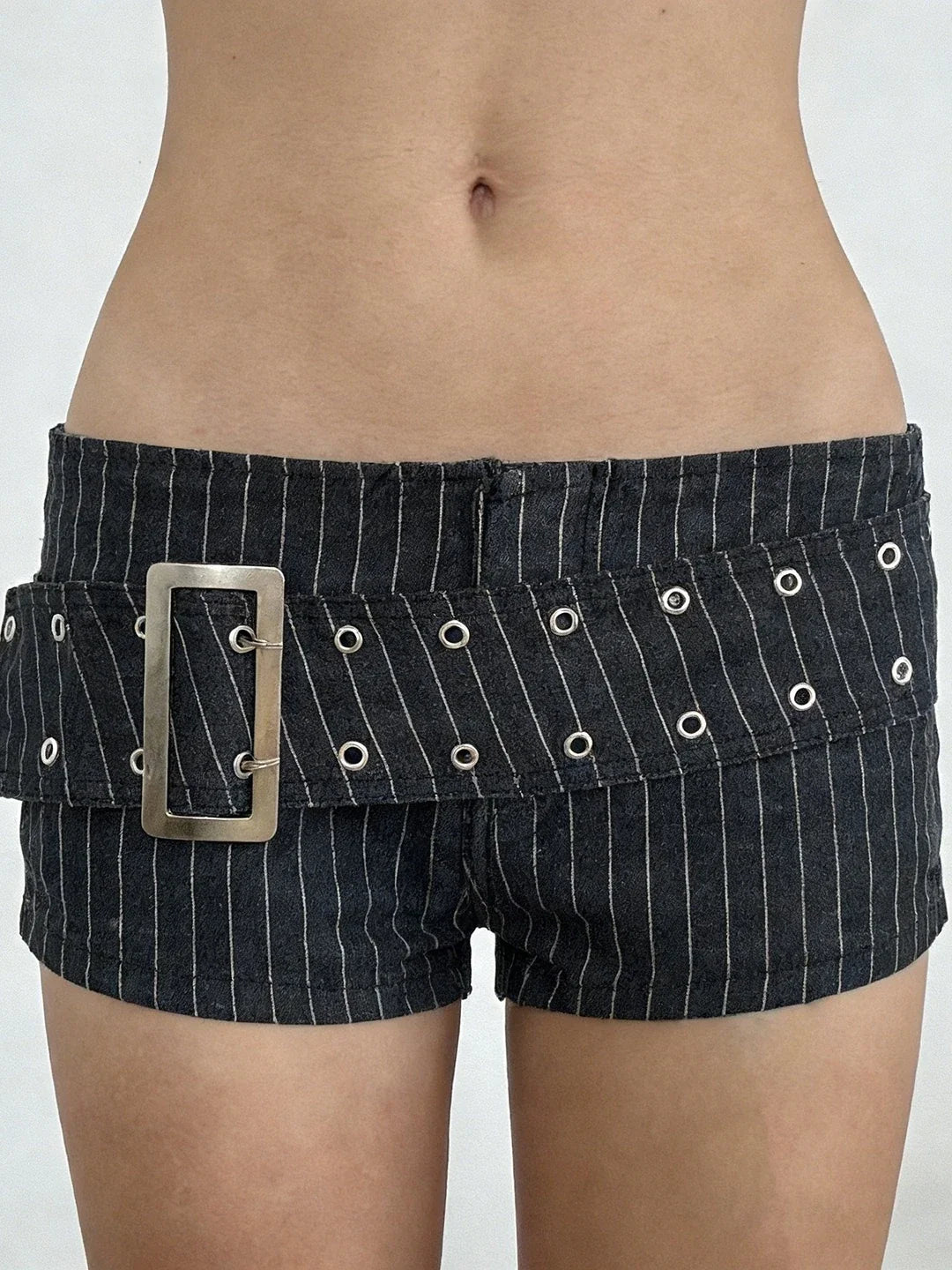 Y2K Striped Denim Shorts Women Summer Streetwear Sexy Hot Pants Metal Eyelet Belt Short Jeans Casual Party Club Outfits