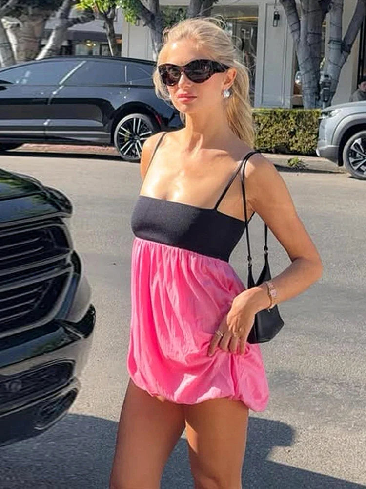 Women Color Block Bubble Hem Mini Dress Spaghetti Straps Square Neck Loose Fit Dresses Summer Casual Elegant Lady Outfit