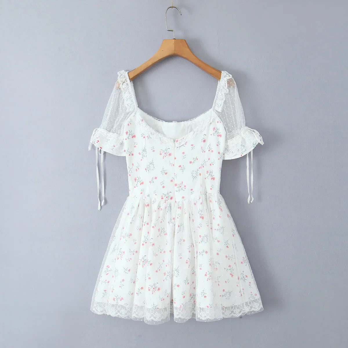 Pastoral Floral Tie-up Polka Dot Mesh Lace Dress 2025 Summer Square Neck Short Sleeve Women Dresses Casual Beach Holiday Dress