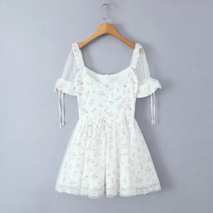 Pastoral Floral Tie-up Polka Dot Mesh Lace Dress 2025 Summer Square Neck Short Sleeve Women Dresses Casual Beach Holiday Dress