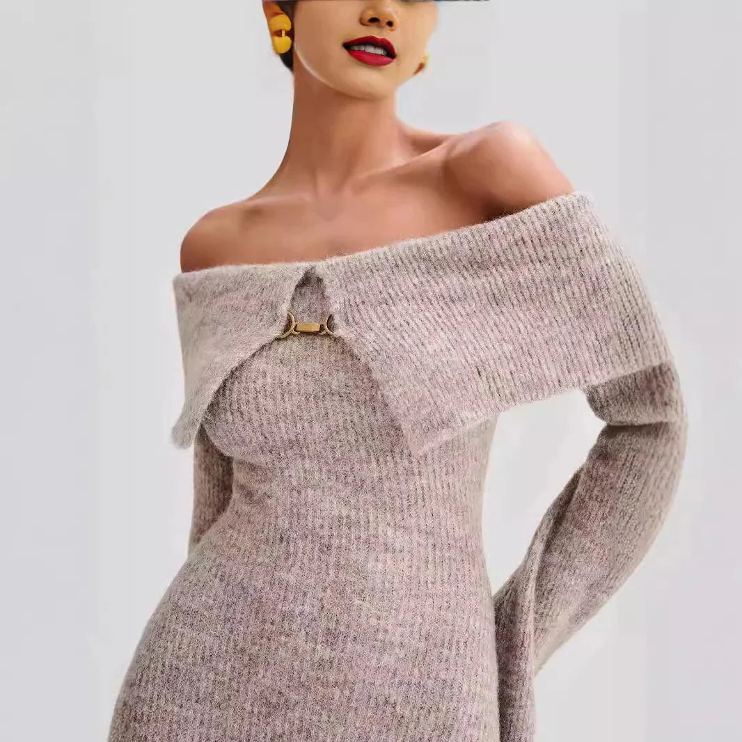Off Shoulder Rib Knit Fold Over Collar Bodycon Maxi Dress