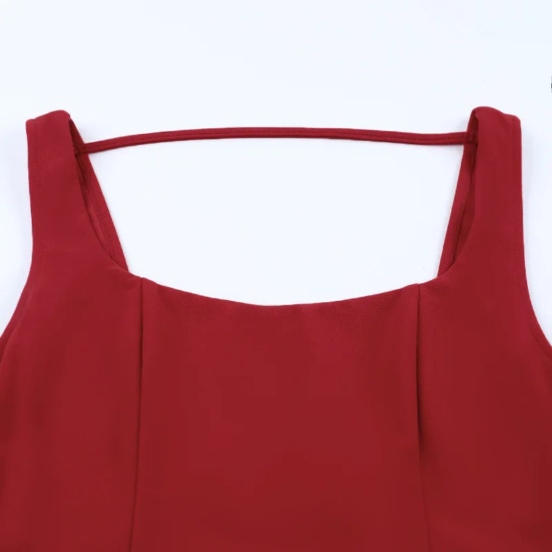 Women's Red Backless Mini Dress Summer Fashion Square Neck Sleeveless High Waist A Line Short Summer Elegant Tank Dress