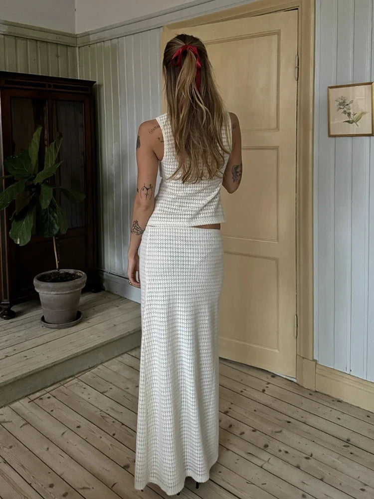 Elegant Sequined Patchwork 3 Piece Set Women Basic Scarf+Square Collar Tank Tops+Ruched Long Skirt Matching Trend Suits