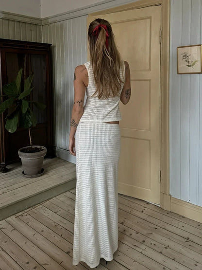 Elegant Sequined Patchwork 3 Piece Set Women Basic Scarf+Square Collar Tank Tops+Ruched Long Skirt Matching Trend Suits
