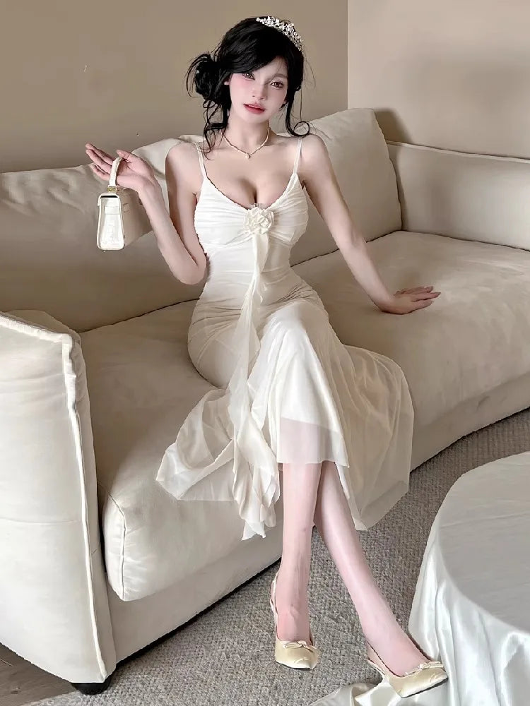 Women Dresses Sleeveless V Neck Ruffles Slim Elegant Backless Ruffles Ribbon Temperament Elegant Dress Sexy Ladies