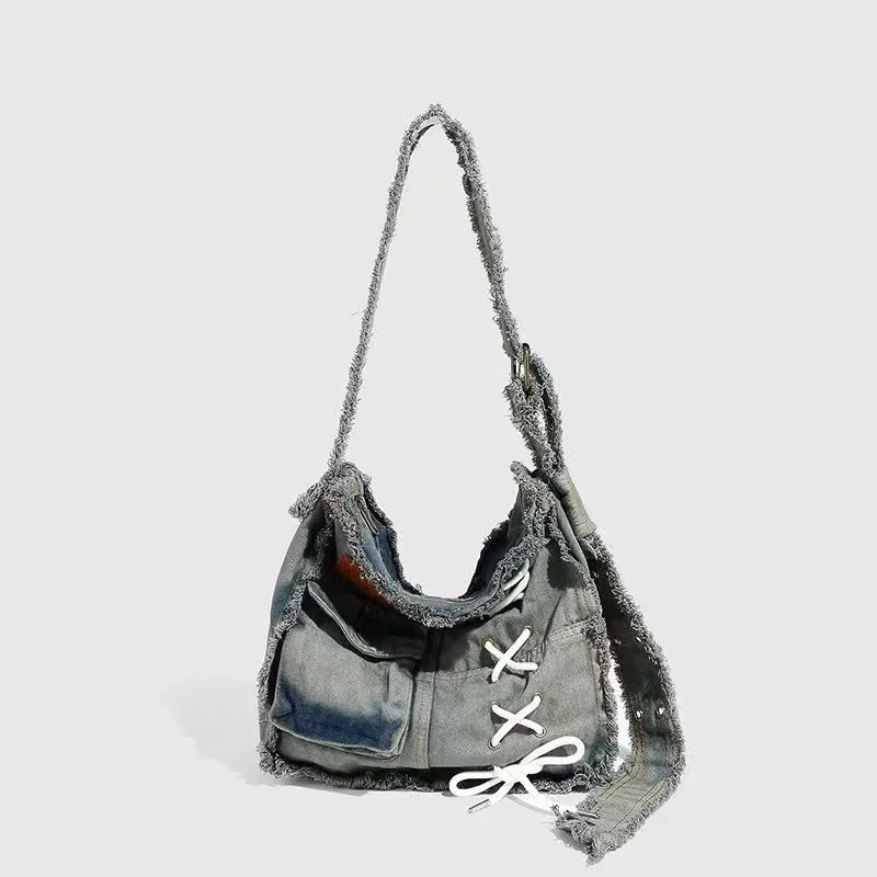 Korean Retro Washed Denim Canvas Bag Niche Cool Versatile Single Shoulder Crossbody Bags for Women and Men