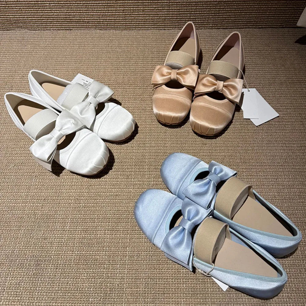 Women's Bow Mary Jane Shoes Square Satin Low Heel Flat Shoes Elegant Strap Ladies Pumps for Wedding Office Daily Wear Shoes